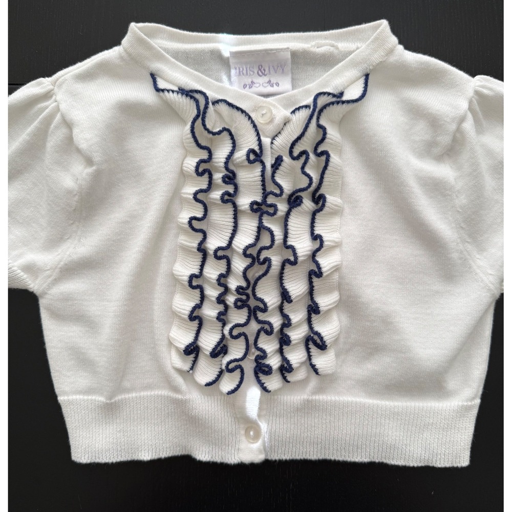 Iris & Ivy Ruffled‎ Girls Cardigan Sweater Size 8 White/Navy Short Sleeve